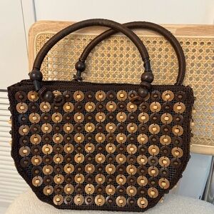 Brown and Tan Woven Handbag/ wood